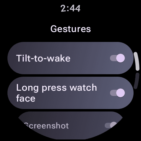 Wear OS Settings, Gestures, with the Tilt-to-wake switch at the top