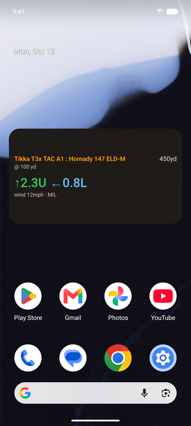 The Wrist Dope Dope widget on an Android home screen showing the Tikka load, the 100 yard zero, 450 yards, 2.3 up and 0.8 left, wind 12 mph