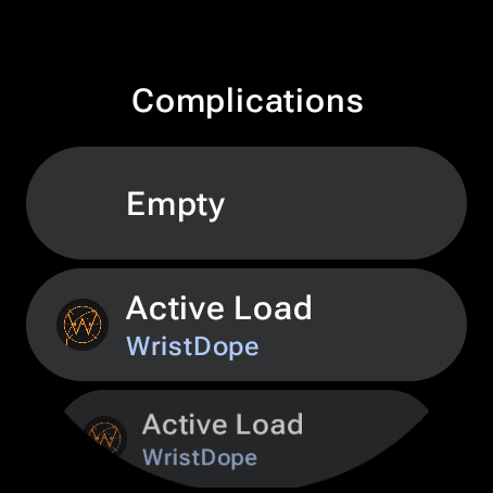 The Wear OS watch face editor complication list showing Empty and Active Load from WristDope