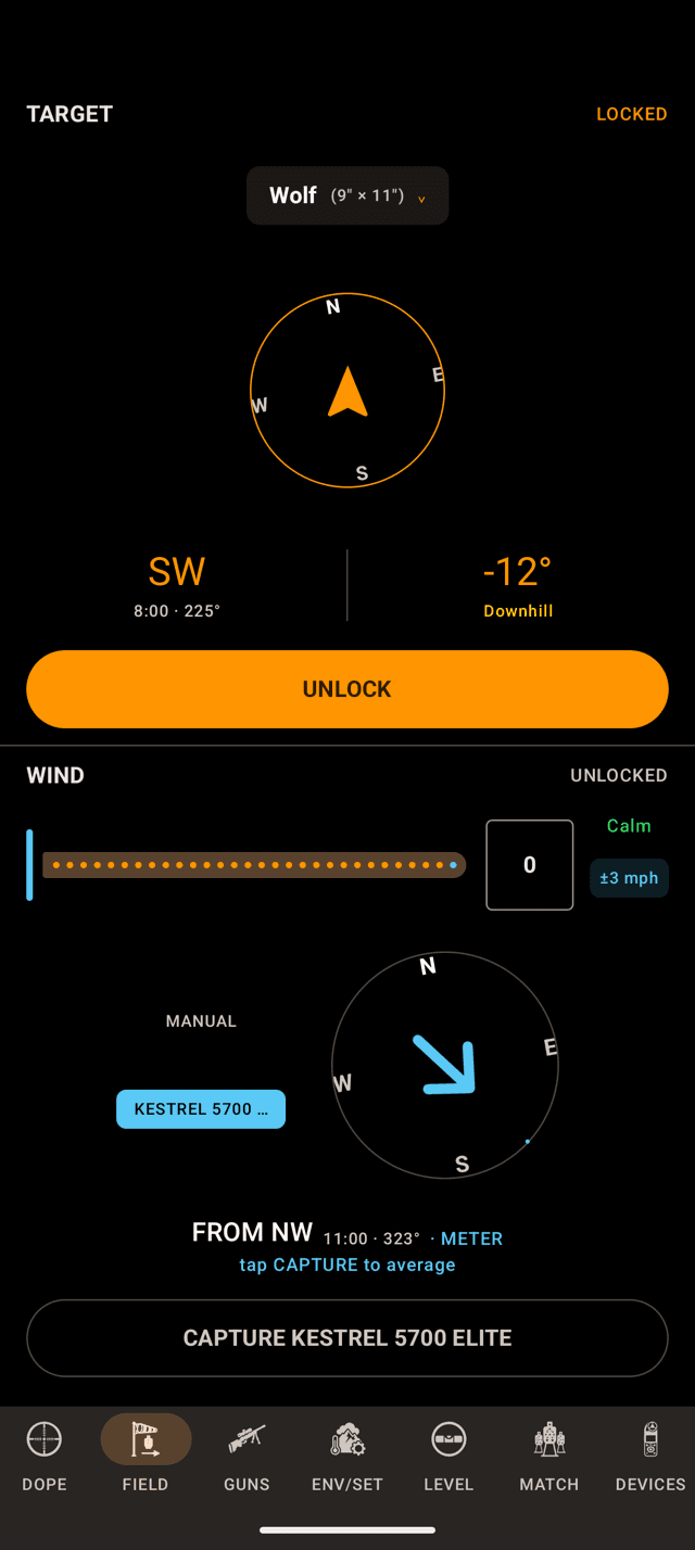 Wrist Dope Android FIELD page WIND pane with MANUAL and KESTREL 5700 ELITE source buttons, the wind from NW marked METER, the line tap CAPTURE to average, and a CAPTURE KESTREL 5700 ELITE button