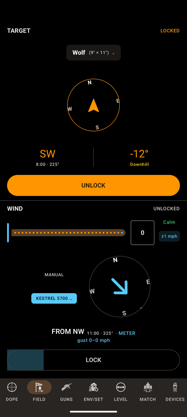 Wrist Dope FIELD page on an Android phone with the WIND pane averaging a meter reading, a gust line under the bearing and a LOCK button filling from the left
