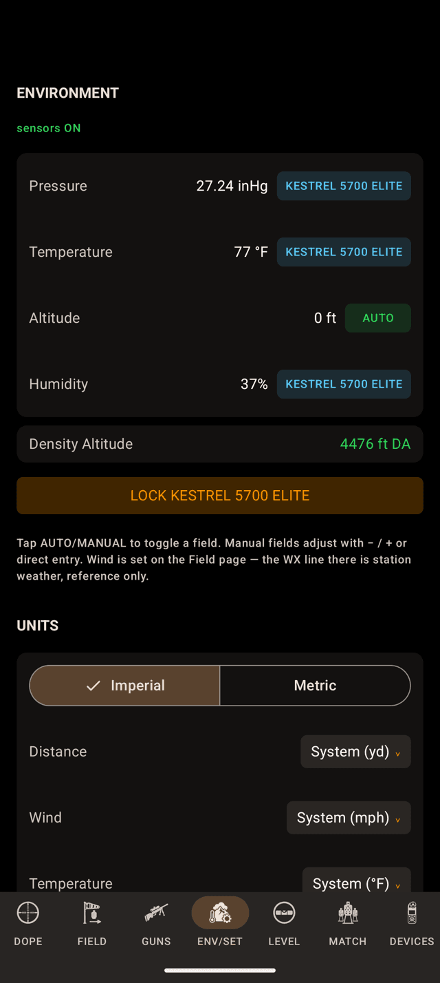 Wrist Dope Android ENVIRONMENT page with pressure, temperature and humidity chips reading KESTREL 5700 ELITE, altitude AUTO, and a LOCK KESTREL 5700 ELITE button
