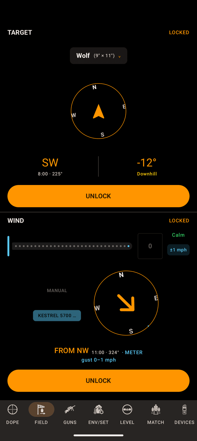 Wrist Dope Android WIND pane LOCKED with an orange dial, the wind from NW marked METER, the gust range, and an UNLOCK button