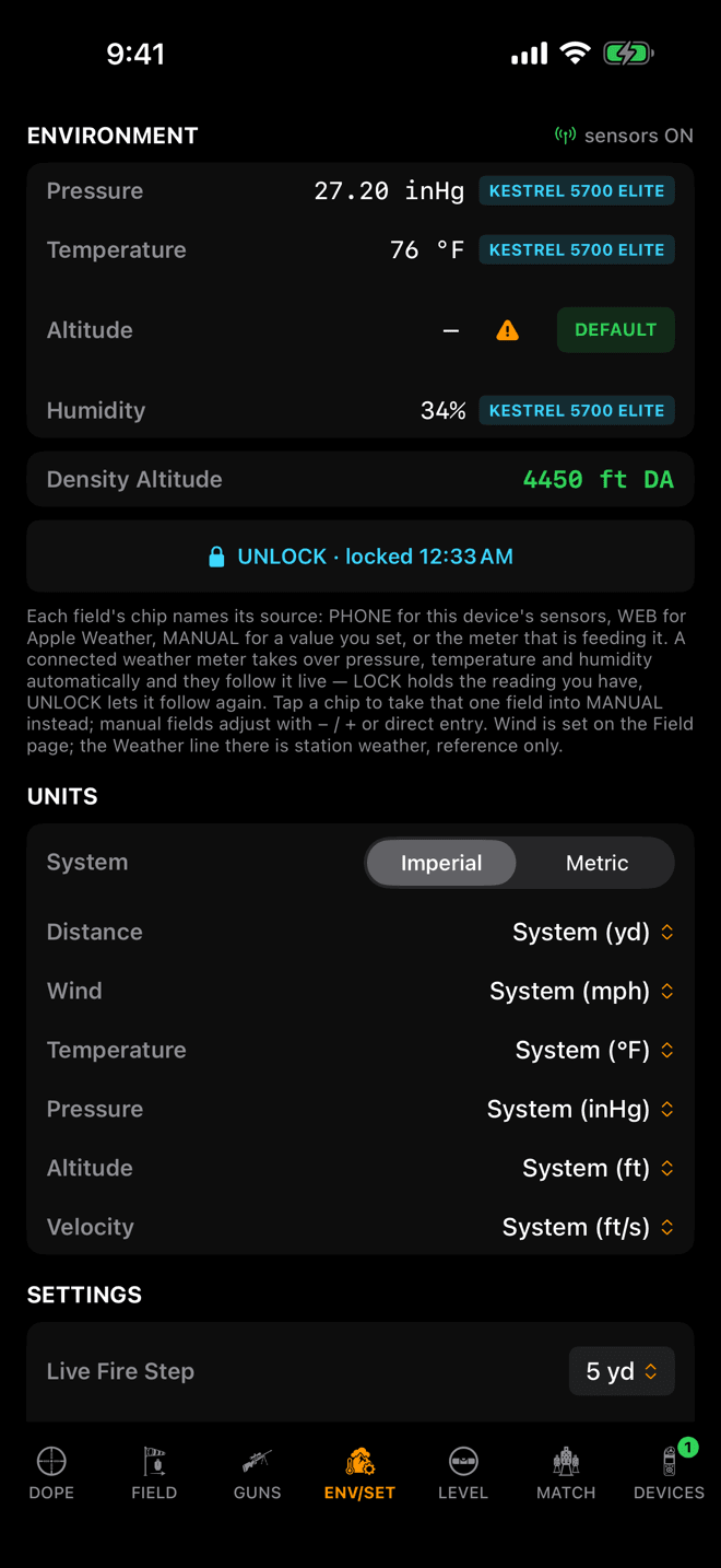 Wrist Dope iPhone ENVIRONMENT page with pressure, temperature and humidity chips reading KESTREL 5700 ELITE and an UNLOCK button with the lock time