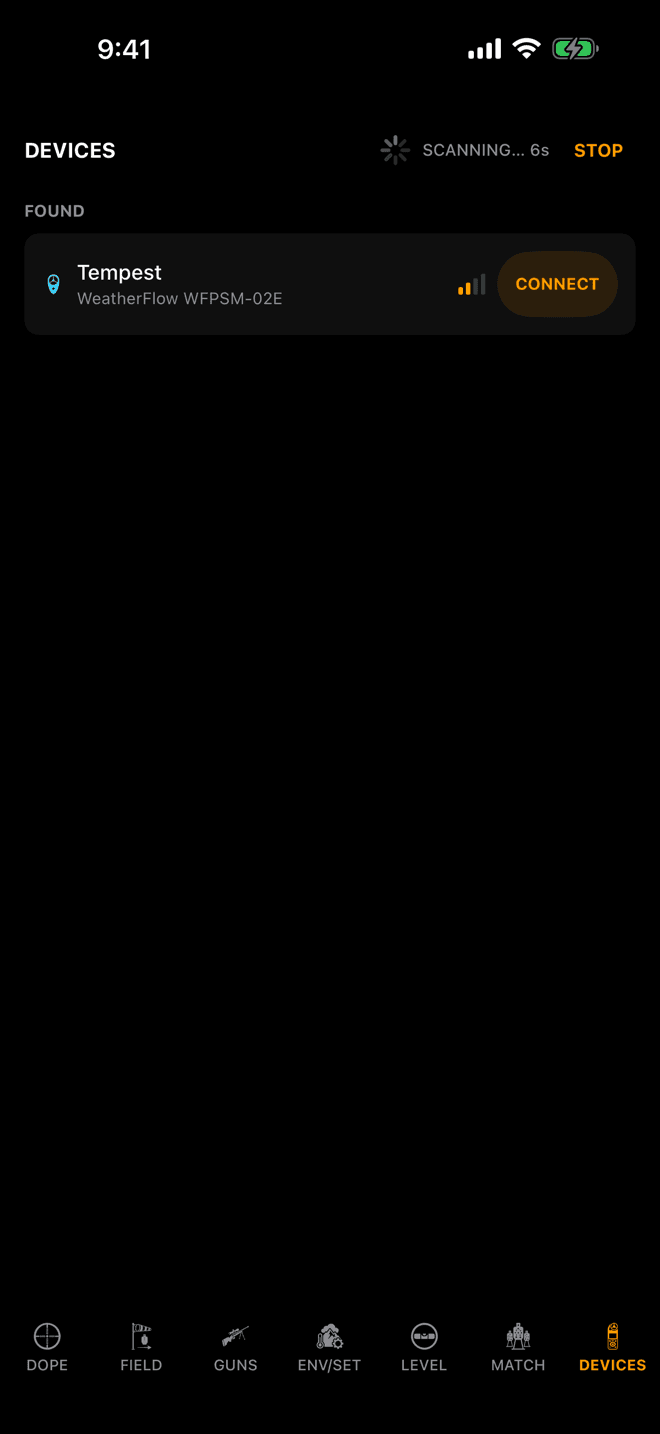 Wrist Dope iPhone DEVICES page scanning, with a meter listed under FOUND and a CONNECT button