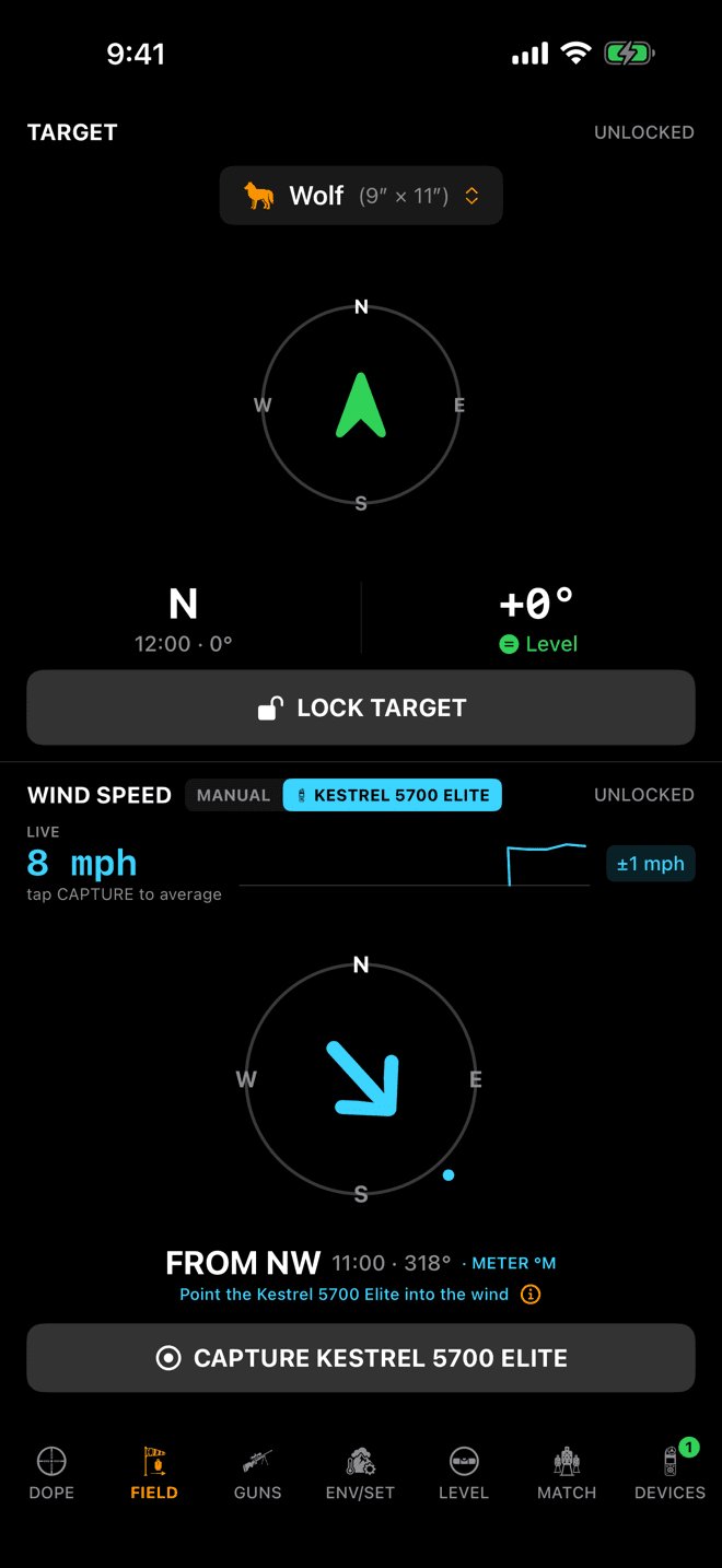 Wrist Dope iPhone FIELD page WIND pane with the Kestrel as the source, a live reading of 8 mph, the wind from NW, and a CAPTURE KESTREL 5700 ELITE button
