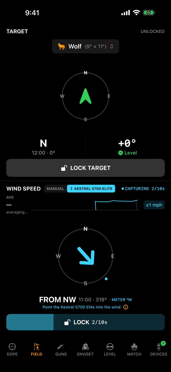 Wrist Dope iPhone WIND pane capturing a meter reading, the button reading LOCK 2/10s