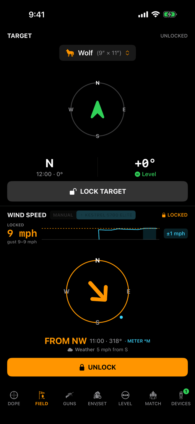 Wrist Dope iPhone WIND pane LOCKED at 9 mph with the gust range under it, an orange dial with the wind from NW, and an UNLOCK button
