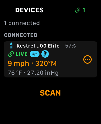 Wrist Dope Apple Watch DEVICES page with one connected Kestrel showing LIVE, 9 mph at 320 degrees magnetic, 76 degrees and 27.20 inHg, and a SCAN button