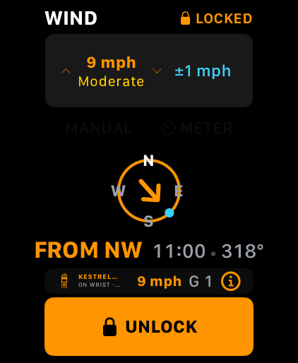 Wrist Dope Apple Watch WIND page LOCKED at 9 mph with an orange dial, the wind from NW, the Kestrel pill, and an UNLOCK button