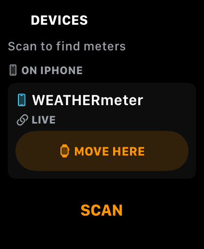 Wrist Dope Apple Watch DEVICES page listing a WEATHERmeter under ON IPHONE with a MOVE HERE button