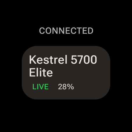 Wrist Dope Wear OS CONNECTED list with a Kestrel 5700 Elite marked LIVE at 28 percent battery