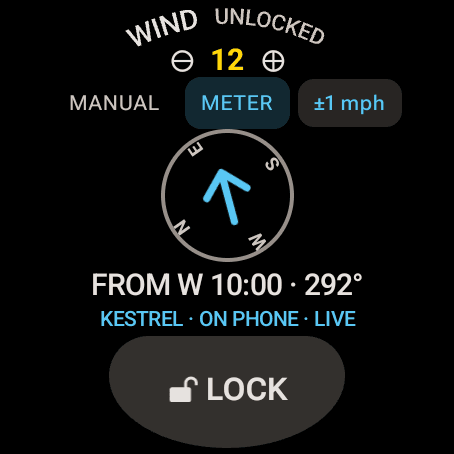 Wrist Dope Wear OS WIND page with MANUAL and METER buttons, the wind from W at 292 degrees, the line KESTREL, ON PHONE, LIVE, and a LOCK button