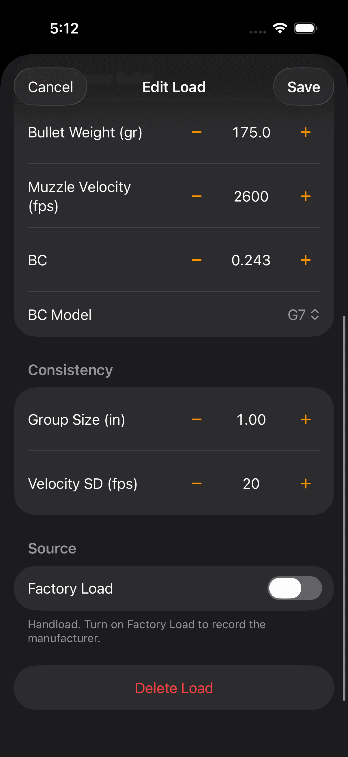 Wrist Dope load editor on iPhone showing the Consistency section with a 1.00 inch group size and a 20 fps velocity standard deviation