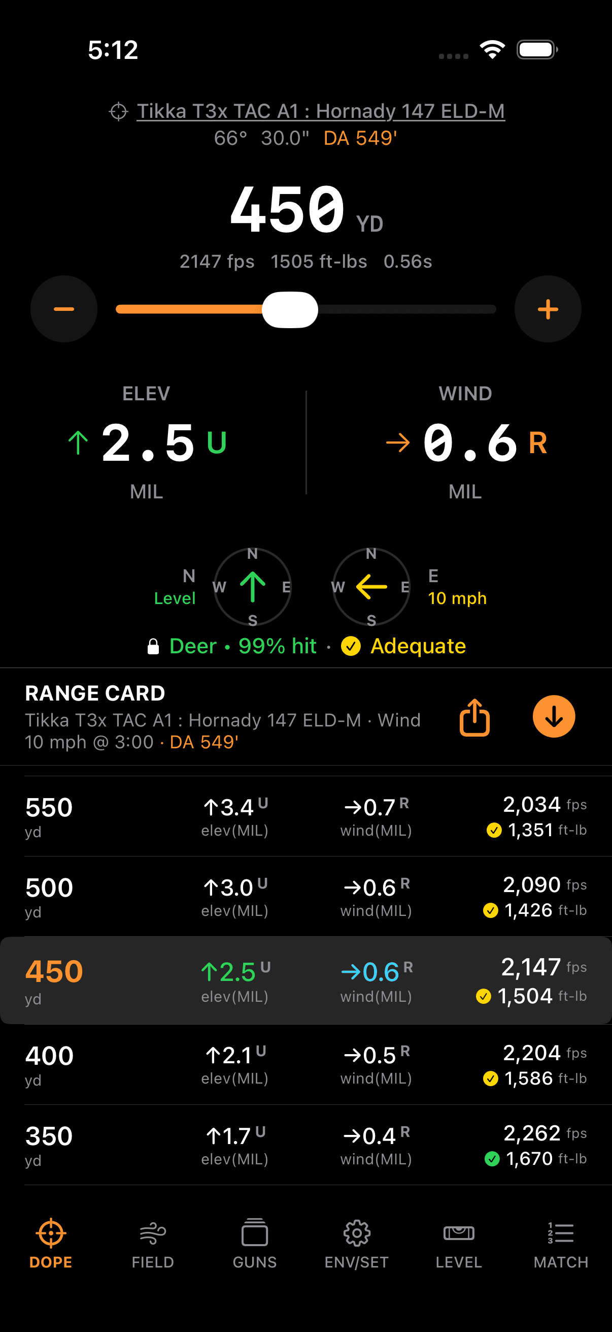 Wrist Dope range card on iPhone showing velocity and retained energy columns alongside elevation and wind holds from 350 to 550 yards