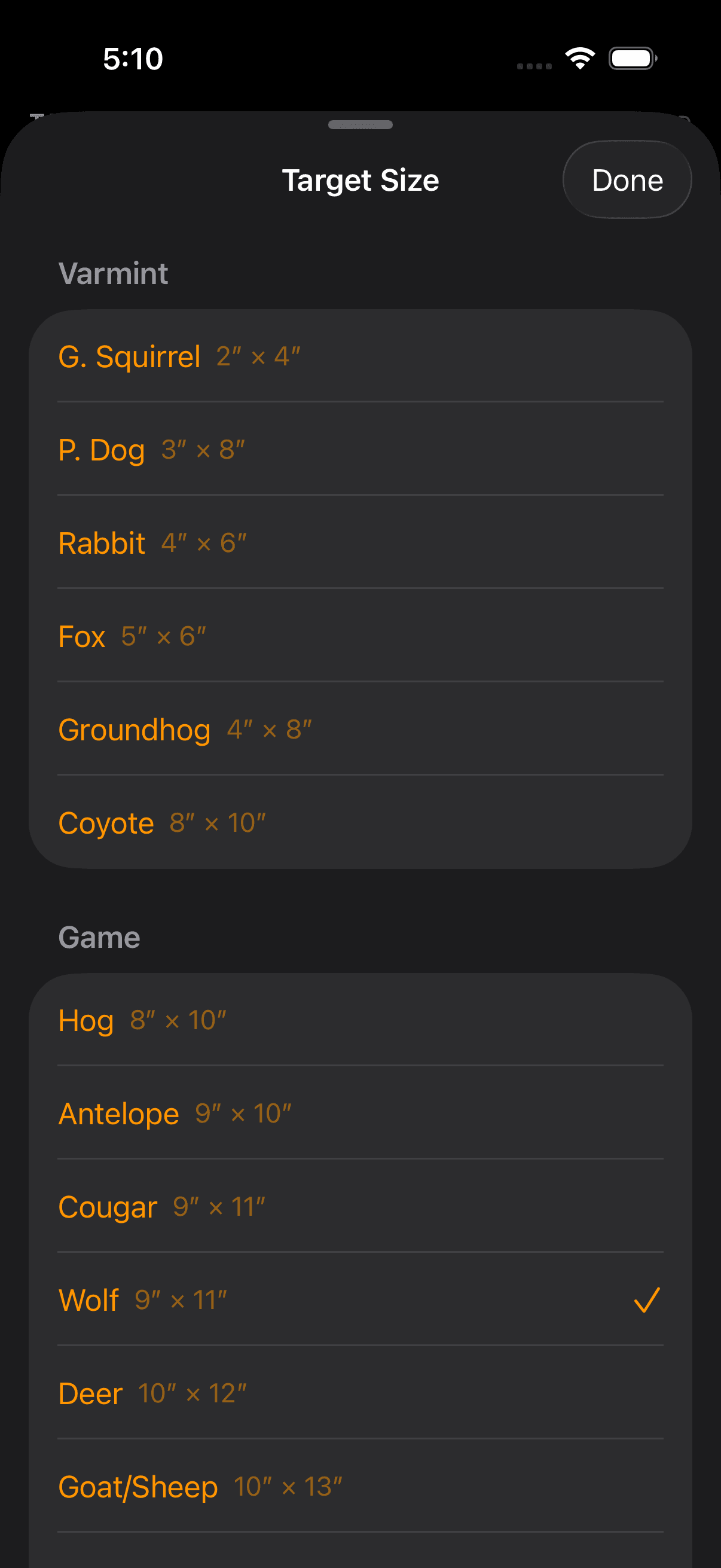 Wrist Dope target size picker on iPhone listing varmint and game vital-zone presets with their dimensions in inches