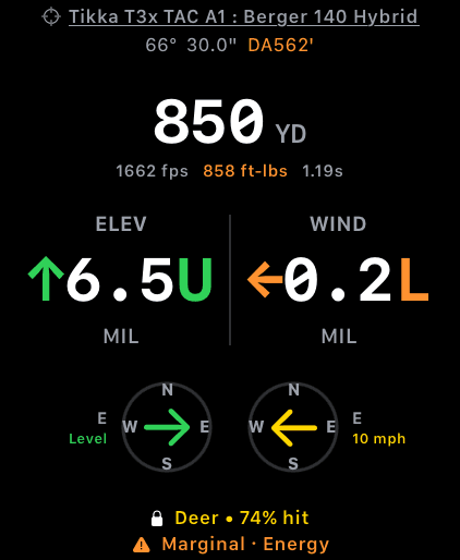 Wrist Dope Live Fire screen at 850 yards showing a 74 percent hit probability on a deer-sized target and a Marginal terminal-performance rating limited by retained energy