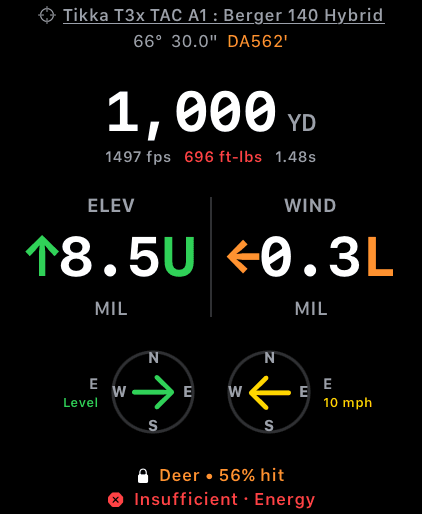 Wrist Dope Live Fire screen at 1,000 yards showing 56 percent hit probability and a red Insufficient terminal-performance rating on a deer-sized target