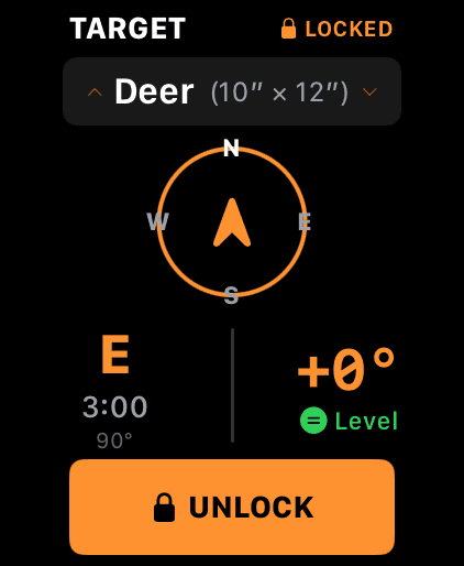Wrist Dope target setup screen on Apple Watch with the Deer 10 by 12 inch size preset selected and the target locked