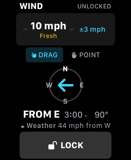 Wrist Dope wind screen on Apple Watch showing a 10 mph wind call with a plus or minus 3 mph confidence setting